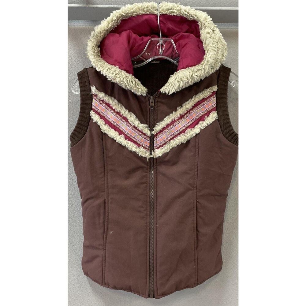 Free People Nordic Southwest Boho Brown Puffer Vest Hooded Embroidered Womens M